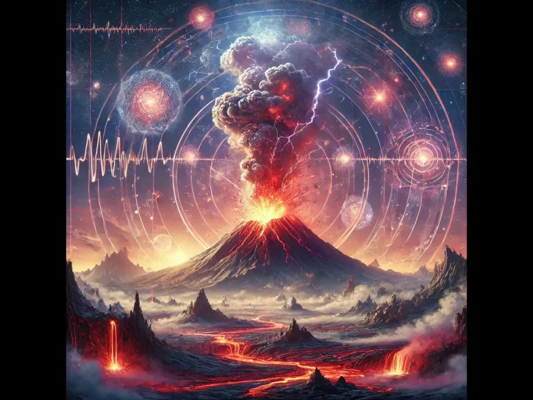 DALL·E 2024-11-30 23.42.01 - An awe-inspiring and educational illustration depicting a volcanic eruption surrounded by mysterious glowing phenomena in the atmosphere, with a focus (1)