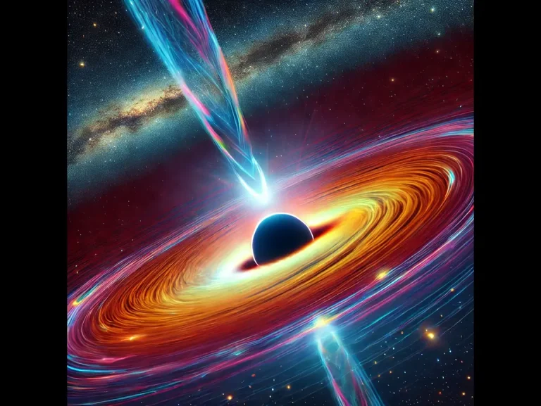 DALL·E 2024-12-03 13.27.37 - A visually stunning illustration of a supermassive black hole with a glowing event horizon, surrounded by an accretion disk emitting bright colors, an (1)