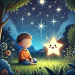 DALL·E 2024-12-04 14.11.17 - A magical children's illustration depicting a young boy sitting in a garden at night, gazing up at a sparkling starry sky. The boy is faceless, withou (1)