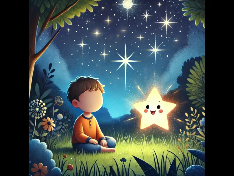DALL·E 2024-12-04 14.11.17 - A magical children's illustration depicting a young boy sitting in a garden at night, gazing up at a sparkling starry sky. The boy is faceless, withou (1)