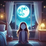 DALL·E 2024-12-06 14.08.58 - A magical illustration of a faceless young girl sitting by her bedroom window at night, gazing at a bright full moon. The room is cozy with soft light (1)