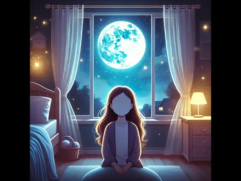 DALL·E 2024-12-06 14.08.58 - A magical illustration of a faceless young girl sitting by her bedroom window at night, gazing at a bright full moon. The room is cozy with soft light (1)