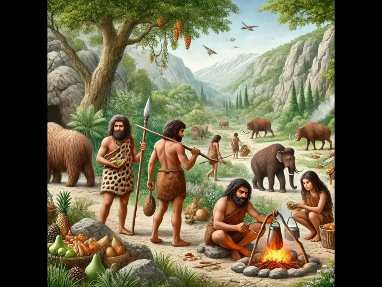 DALL·E 2024-12-28 22.30.33 - A detailed illustration of Homo sapiens in prehistoric times. The scene shows early humans hunting with spears, gathering fruits, and cooking near a f (1)