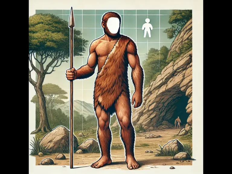 DALL·E 2024-12-29 06.34.51 - A faceless illustration of Pithecanthropus erectus, depicting a prehistoric human figure standing upright. The figure has a primitive, muscular body c (1)