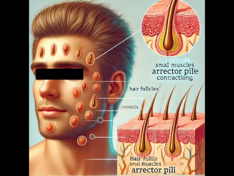DALL·E 2024-12-31 11.12.26 - A scientific illustration showing the process of goosebumps (piloerection) on human skin. The image should depict hair follicles with small muscles (a (1)
