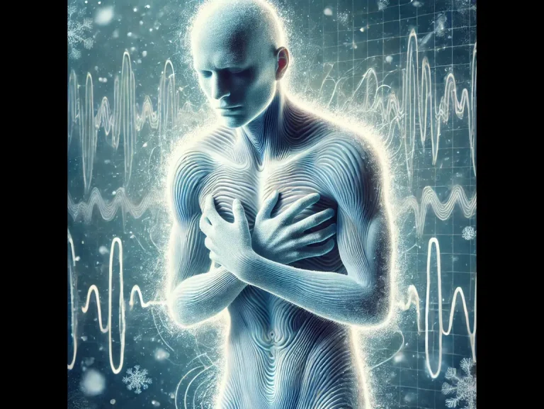 DALL·E 2025-01-01 06.04.02 - A scientific illustration depicting a faceless human figure experiencing chills or shivering. The figure's body is surrounded by subtle wave-like line (1)