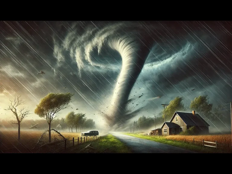 DALL·E 2025-01-06 14.40.04 - A realistic and detailed illustration of a tornado. The image shows a large funnel-shaped tornado touching the ground in a rural area. The background (1)