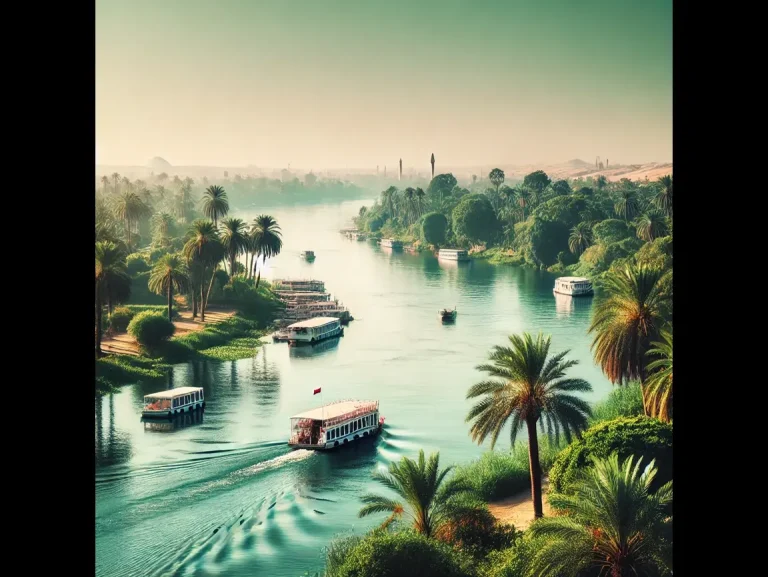 DALL·E 2025-01-07 00.41.15 - A beautiful scenic view of the Nile River with lush green banks, palm trees, and boats floating on the river. The sky is clear, and the river reflects (1)