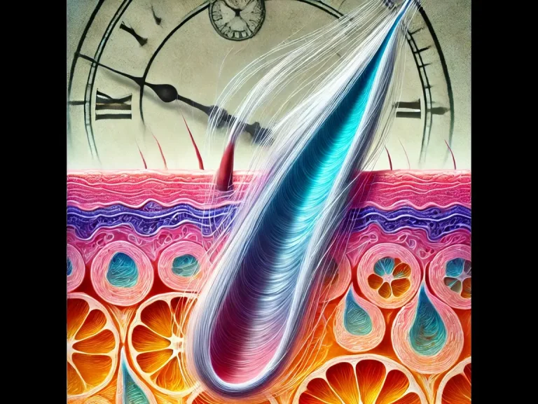 DALL·E 2025-01-09 10.59.23 - An artistic and scientific illustration showing the process of hair turning gray. The image features a close-up of a human hair follicle under a micro (1)