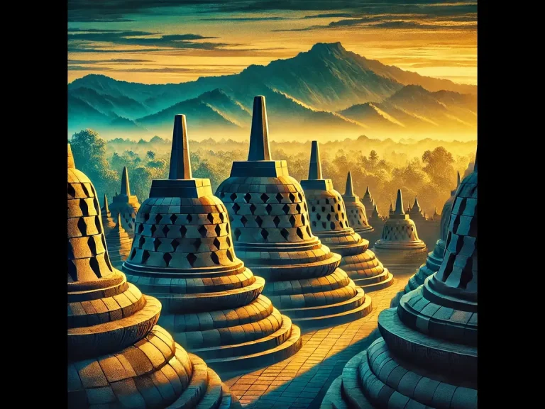 DALL·E 2025-01-09 15.29.22 - An awe-inspiring artistic illustration of the Borobudur Temple in Indonesia at sunrise. The scene features the intricate details of the temple's stupa (1)